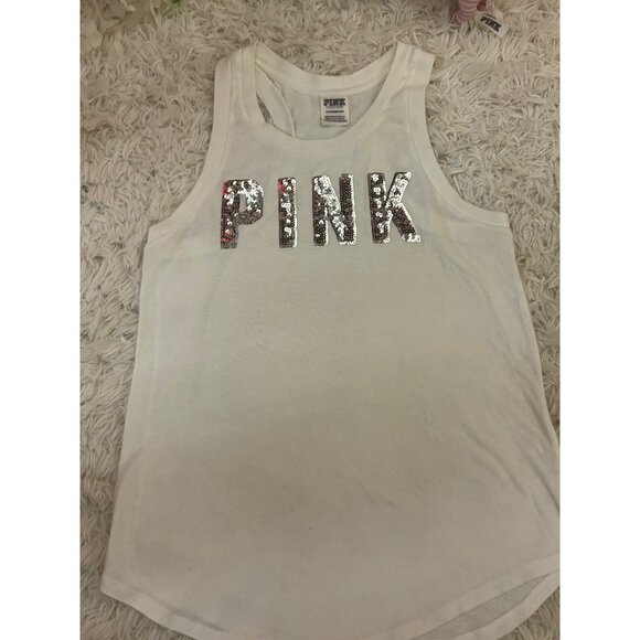 Victorias Secret Pink Silver Sequin Logo White Tank Top XS Glitter Sparkle - Picture 10 of 12